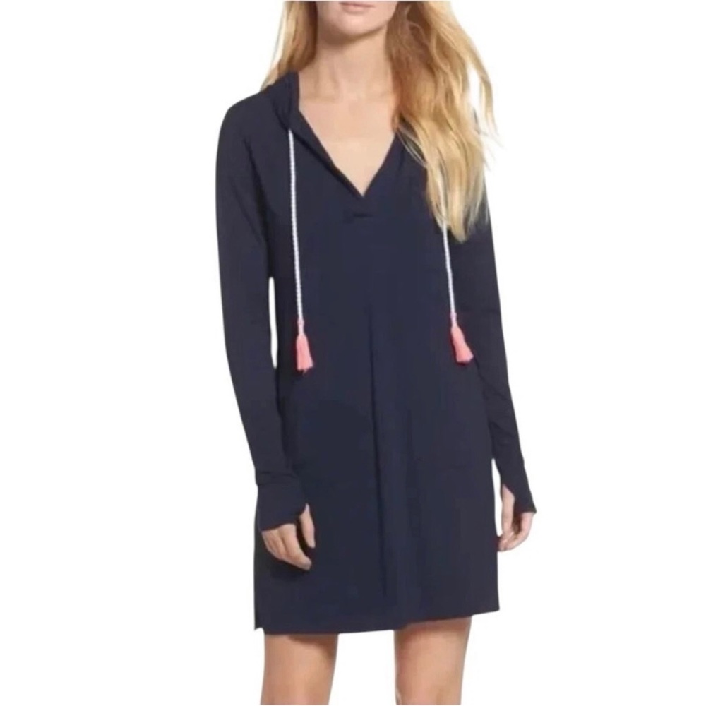 NWT Lilly Pulitzer Rylie Navy UPF 50 Cover Up Hoodie Dress with Pink Tassels XS